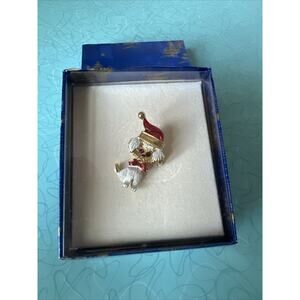 Gold Tone Dog wearing Red Christmas Stocking Enamel Lapel Hat Pin Brooch